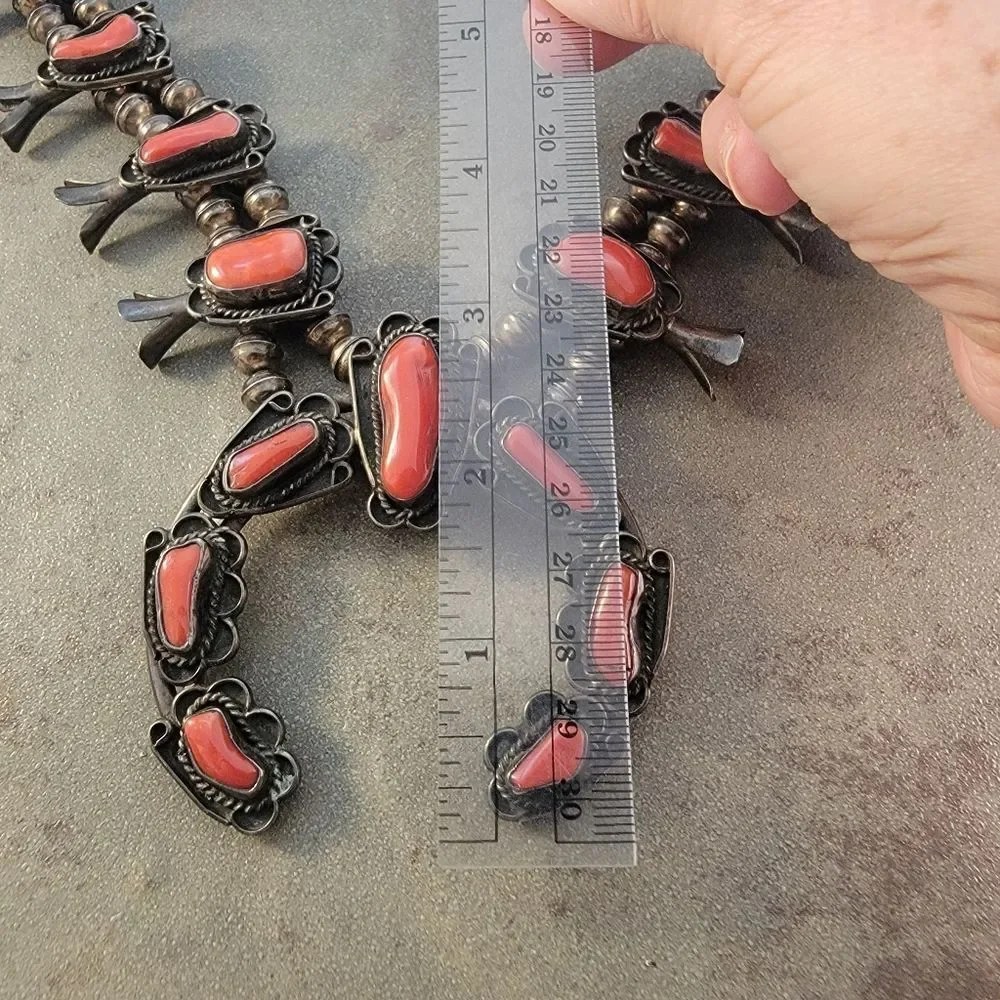 Vintage Navajo 1960's Red Coral Squash Blossom Necklace - Picture 9 of 11